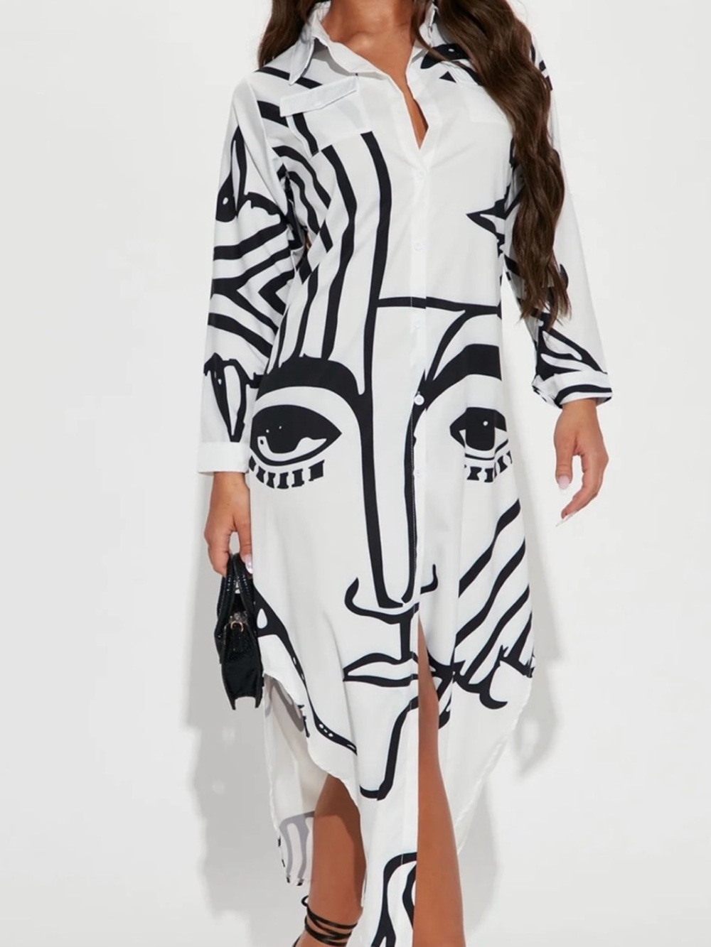 Fashion Nova White Button-Front Shirt Dress with Black Abstract Face Print - Picture 3 of 3